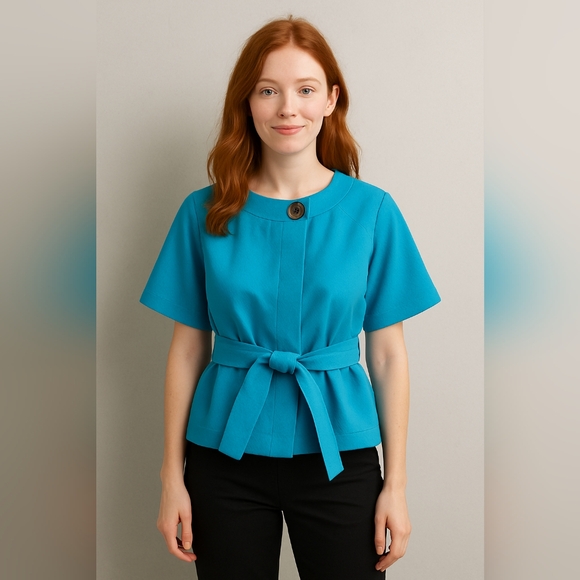 Vintage J.Crew Size 8 Turquoise Blue Cotton Belted Jacket Blazer Short Sleeve... - Picture 1 of 14